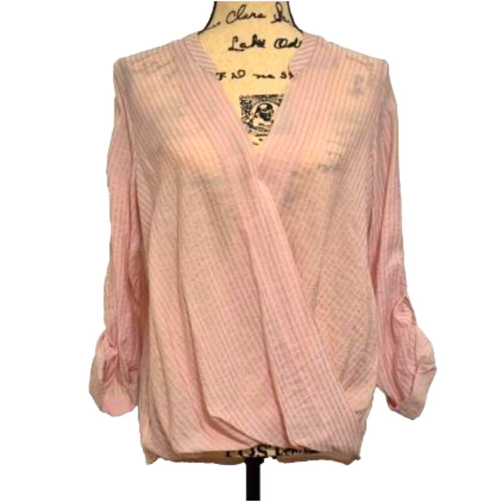 Kut From The Kloth Wrap Blouse Top M Pink Pinstripe Surplice LS Roll Tab Sleeve